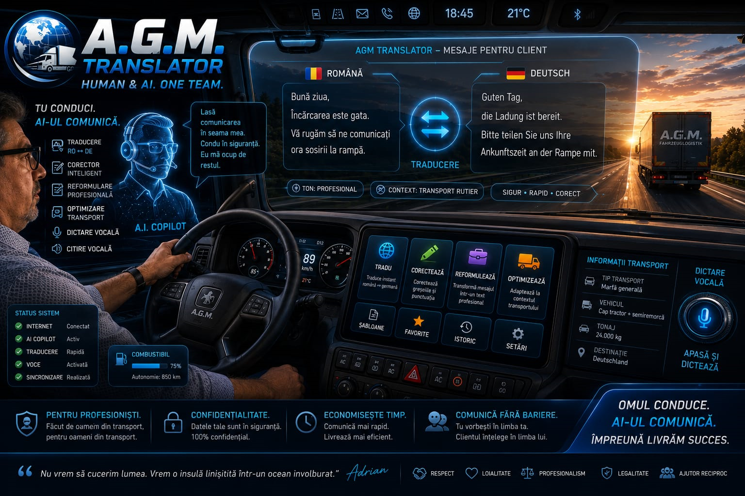 AGM Translator in a professional driver cockpit